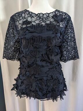 Escada Sz 40 Dark Blue Silk Floral Applique Blouse Top *See Flaws